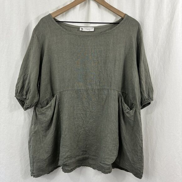 Cobblestone Living Lagenlook Linen  Pocket Elastic Sleeve Top OSFM Neutral - Picture 1 of 6